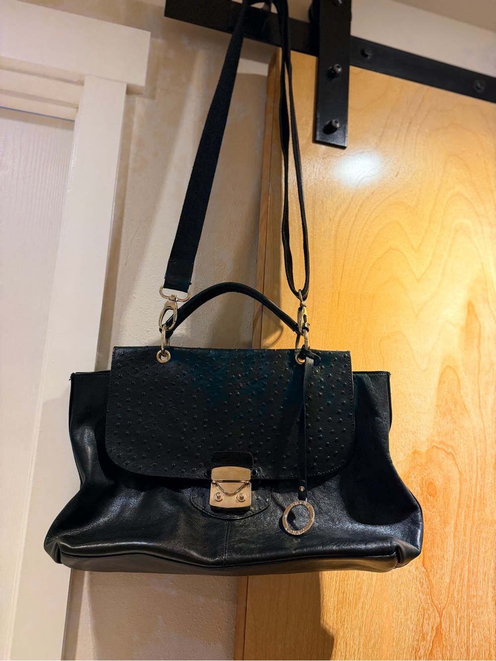Classic Black Leather Satchel with Top Handle and Crossbody Strap